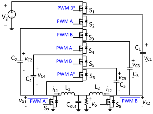 Schematic diagram of the 6-to-1 dual inductor hybrid converter